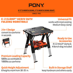 PONY adjustable-height worktable supports six positions for comfortable use.