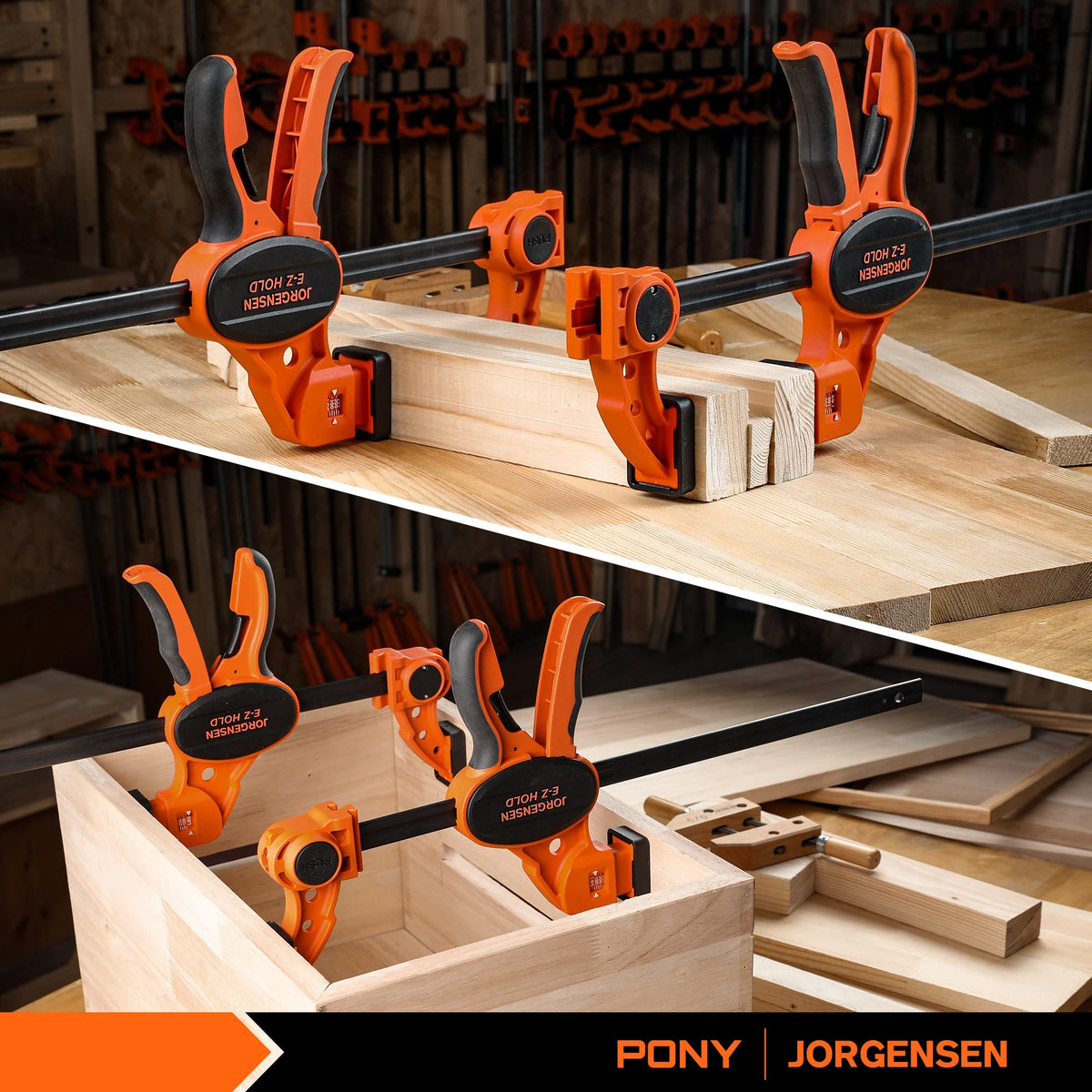 PONY Jorgensen dual clamps offer strong woodworking support.