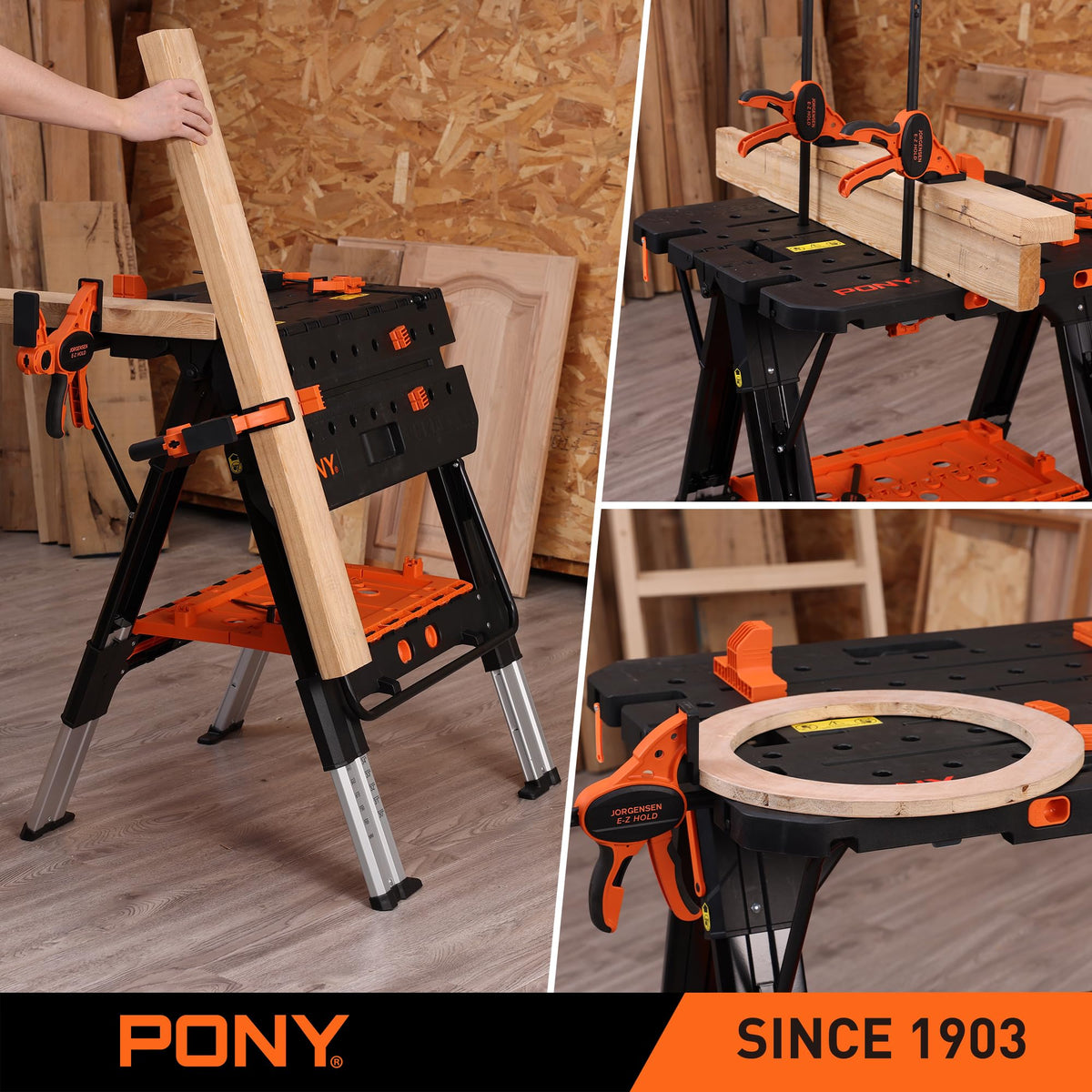 PONY load capacity spec shows 500 lb table and 1000 lb sawhorse.