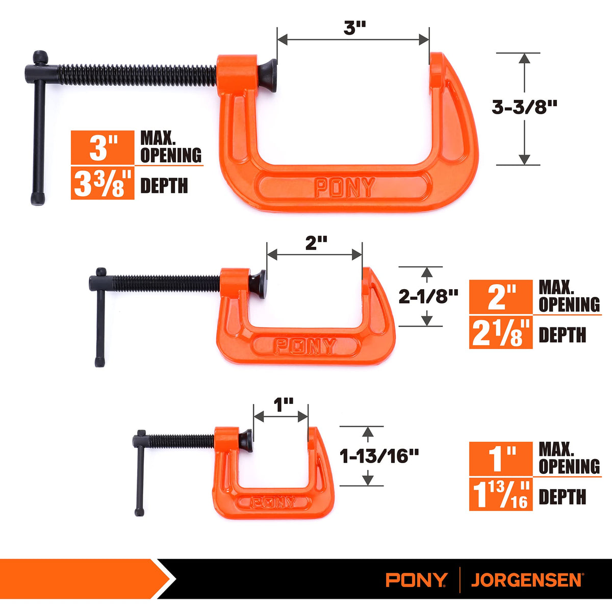 PONY C clamp 2 inch jaw opening ideal for medium-duty clamping projects.