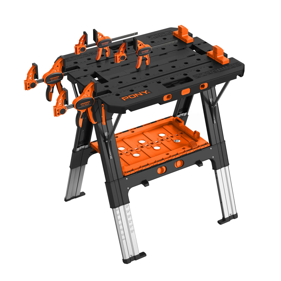 PONY portable folding work table in sawhorse mode for versatile projects.