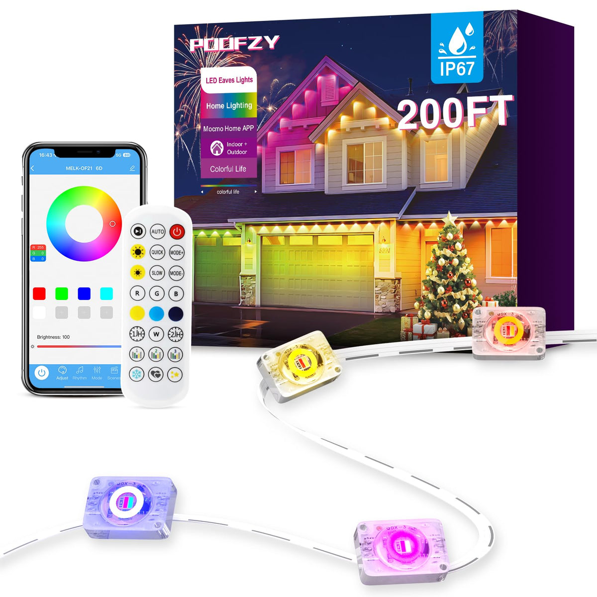 POOFZY 200ft RGBIC front-view lights brighten the house exterior for curb appeal.