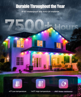 POOFZY 200ft RGBIC night-scene LED strip enhances outdoor mood and drama.