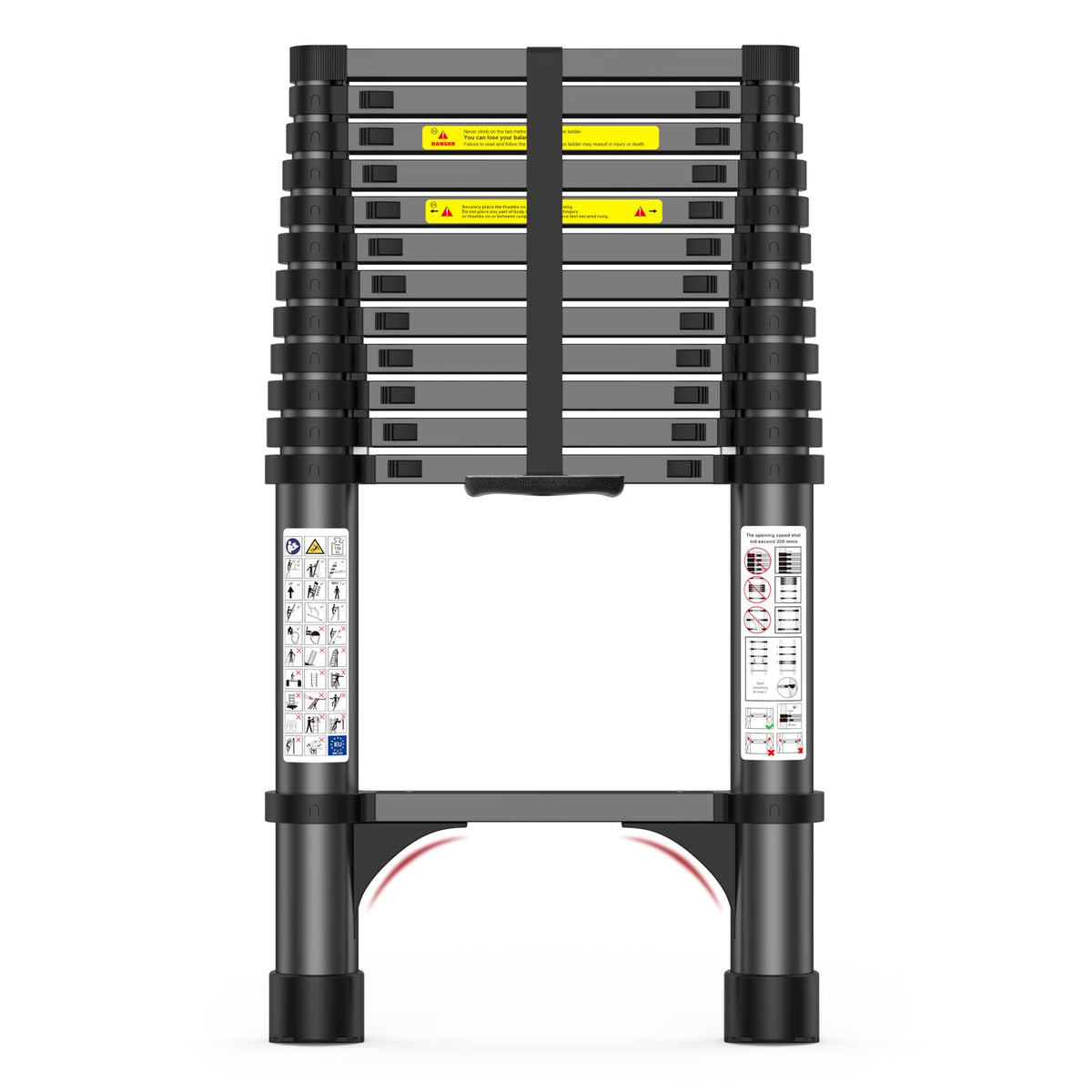 POONO 12.5ft telescoping ladder extended for attic access and roof tasks.