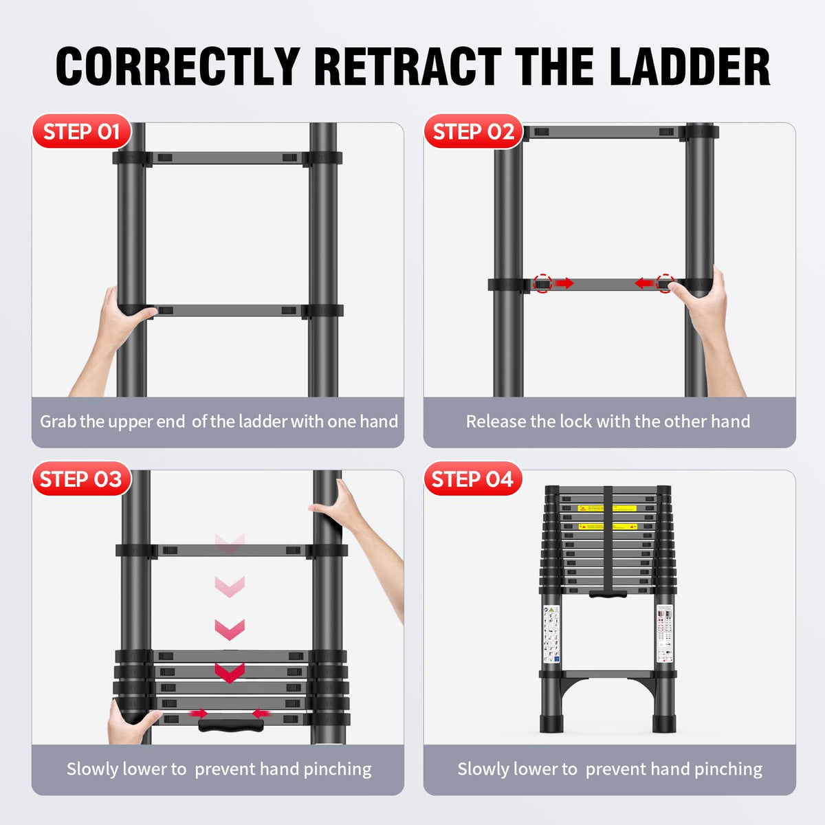 POONO ladder with anti-slip foot pads improves grip during indoor or outdoor projects.