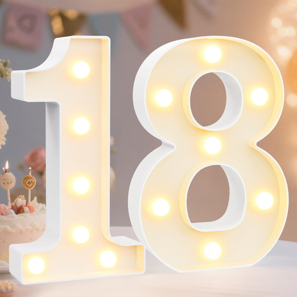 Pooqla 18th birthday decorations LED numbers for table centerpiece and wall display.