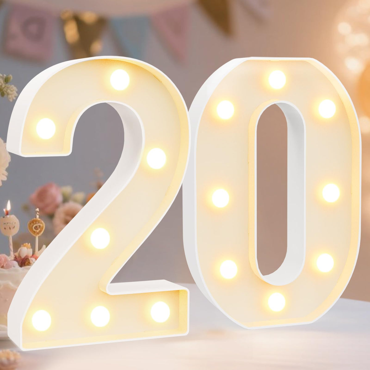 Pooqla light up 20 table sign enhances birthday centerpiece with warm ambient illumination.
