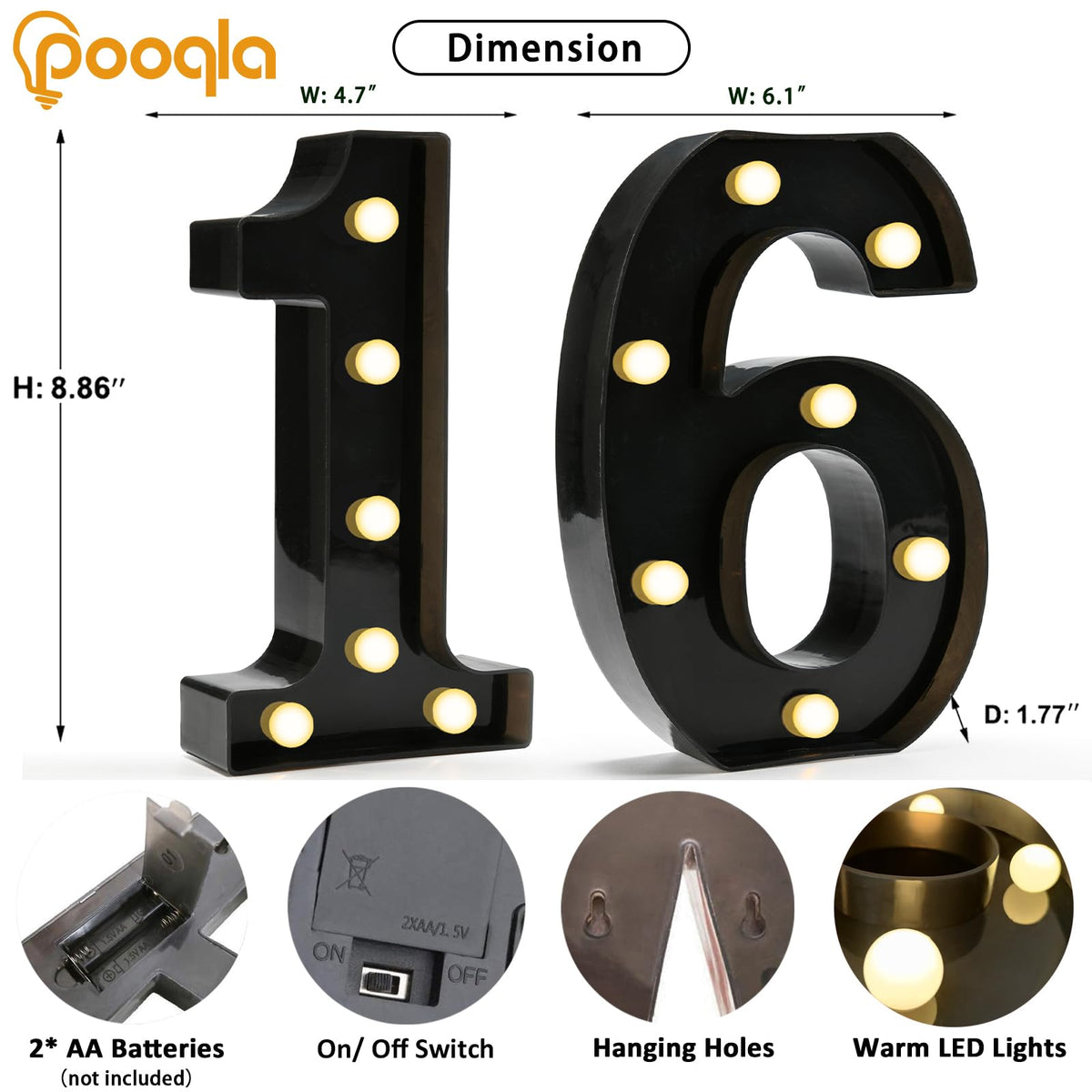 Pooqla black plastic marquee number lights closeup shows glossy finish