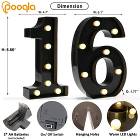 Pooqla black plastic marquee number lights closeup shows glossy finish