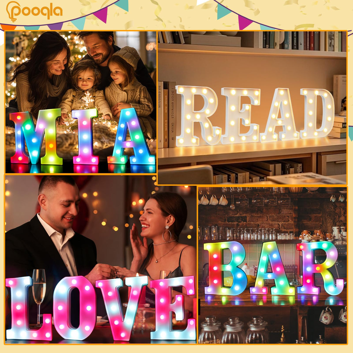 Pooqla color changing LED letters create festive ambiance for parties and events.