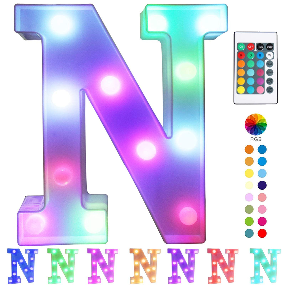 Pooqla colorful LED marquee letter bar lights brighten party decor.