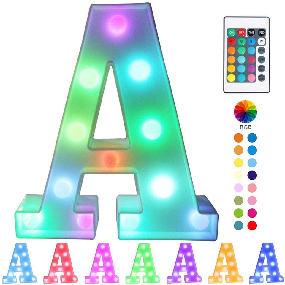 Pooqla colorful LED marquee letter light with remote for vibrant celebrations.