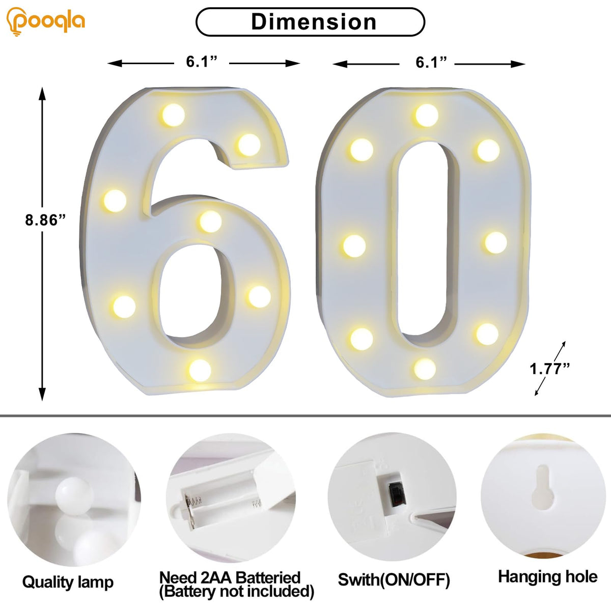 Pooqla glossy white marquee numbers standing on a surface