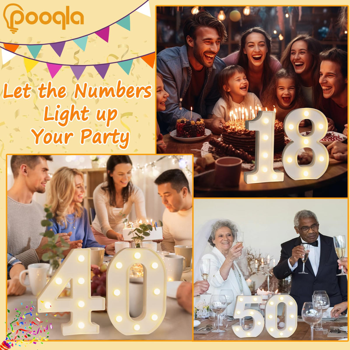 Pooqla light-up numbers wall display with back card slot for versatile decor