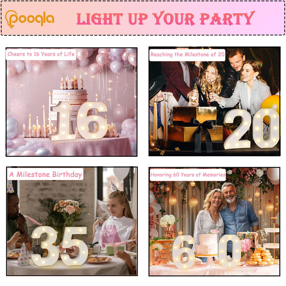 Pooqla warm white LED signs create a cozy event ambiance