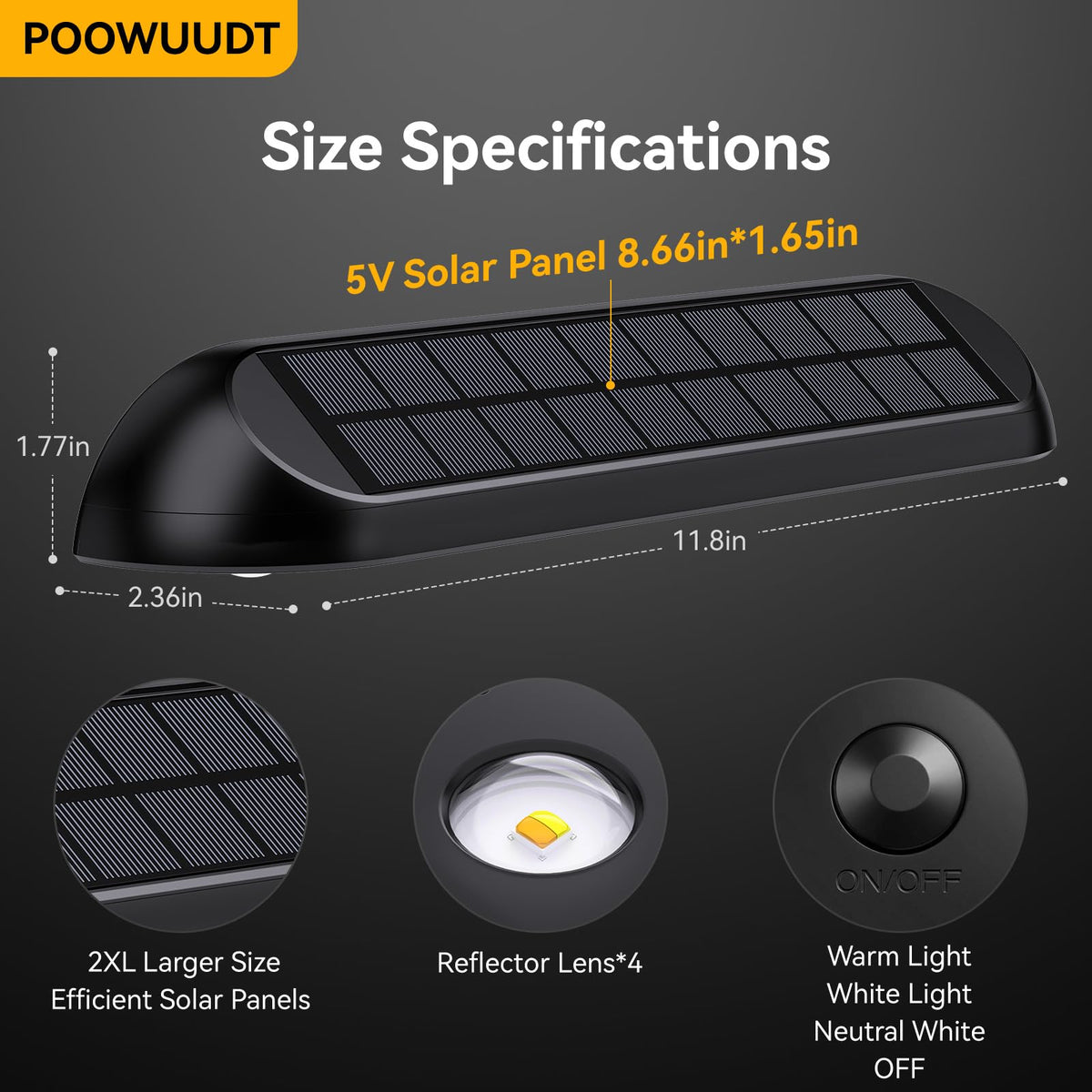 POOWUUDT dusk-to-dawn solar light with 2000mAh battery for longer nights.