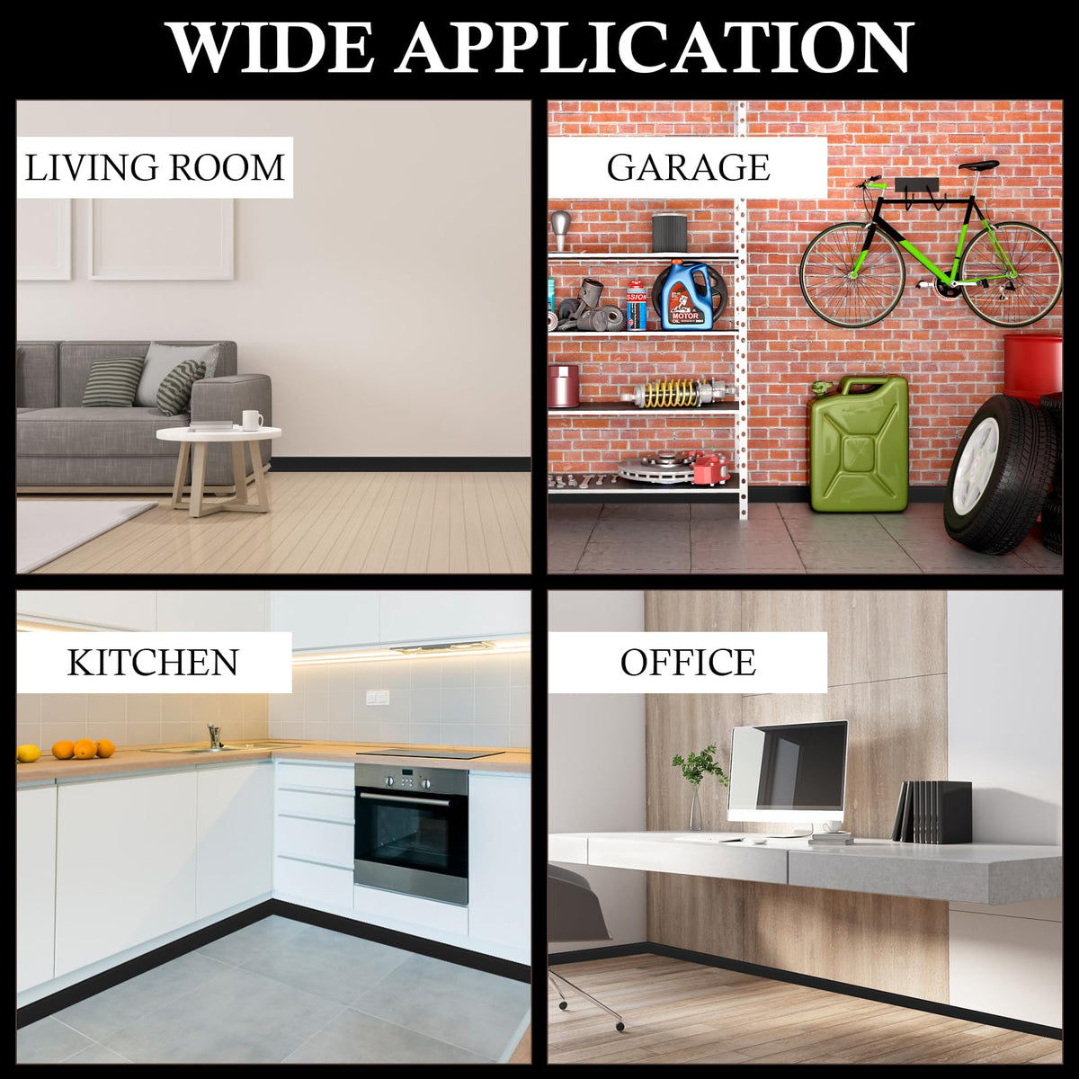 POPAKAN baseboard finishes in black white gray coffee options.