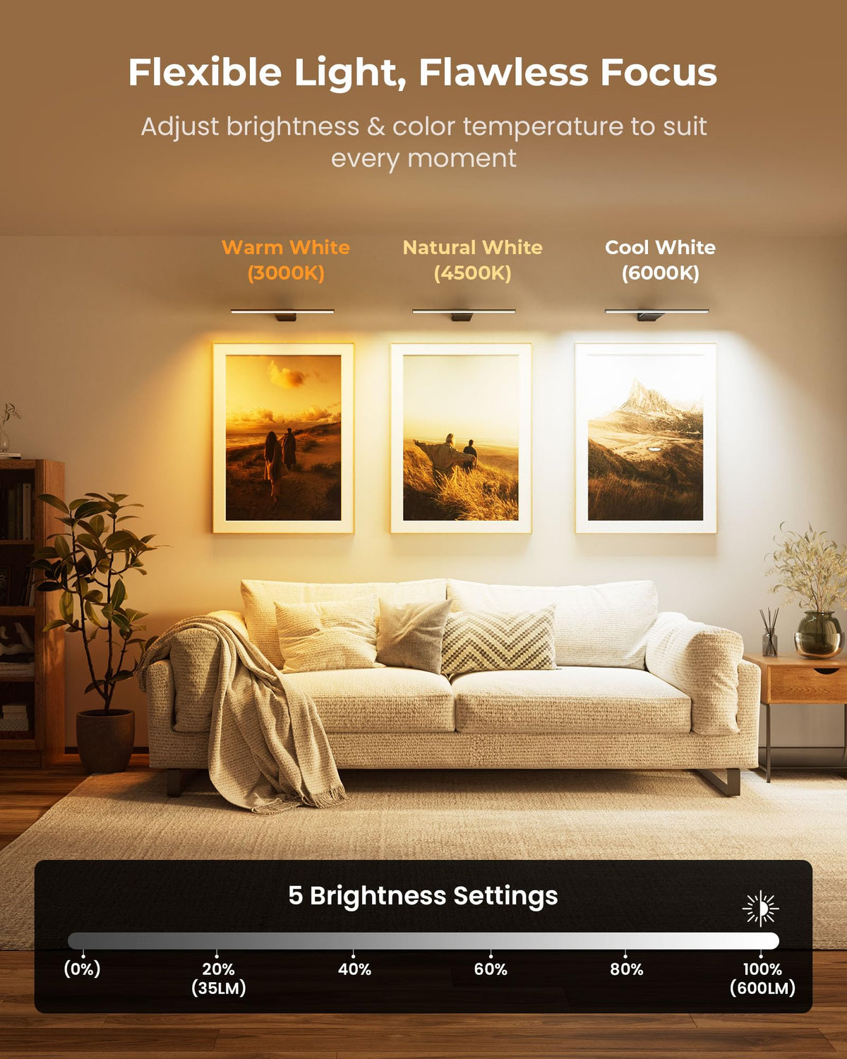 PopoIron fixture showcasing natural, warm, and cool ambiance options.