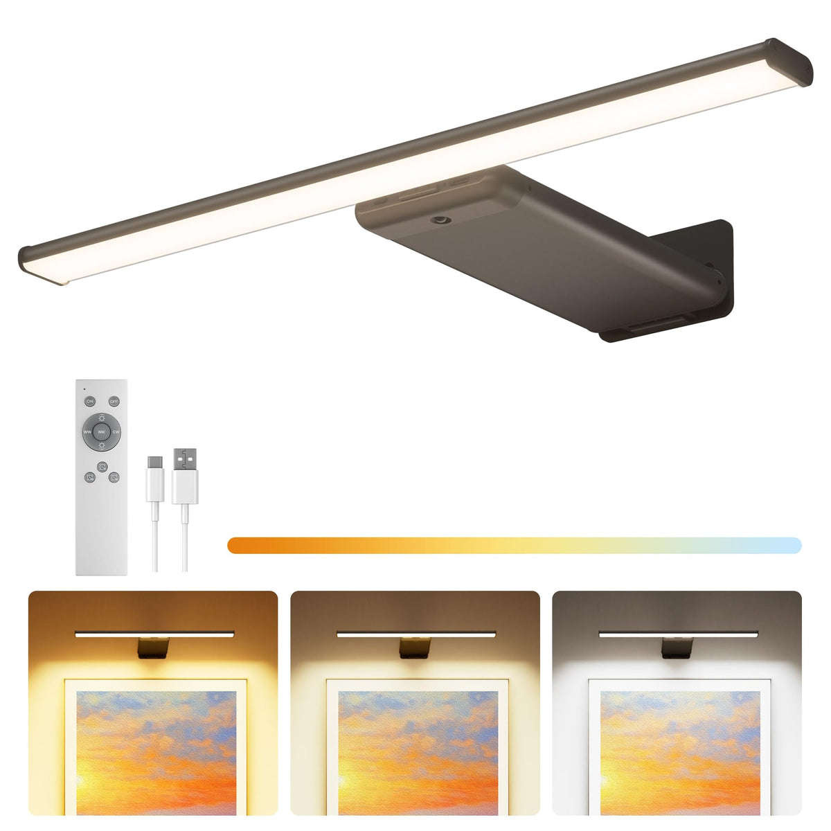 PopoIron picture light mounted on wall with remote for effortless gallery glow.