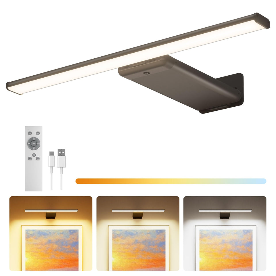 PopoIron picture light mounted on wall with remote for effortless gallery glow.