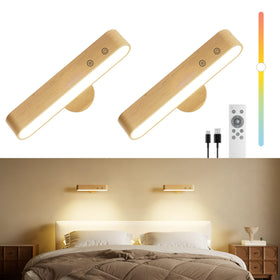 PopoIron rechargeable LED wall sconce with wood panel for warm bedroom ambiance.