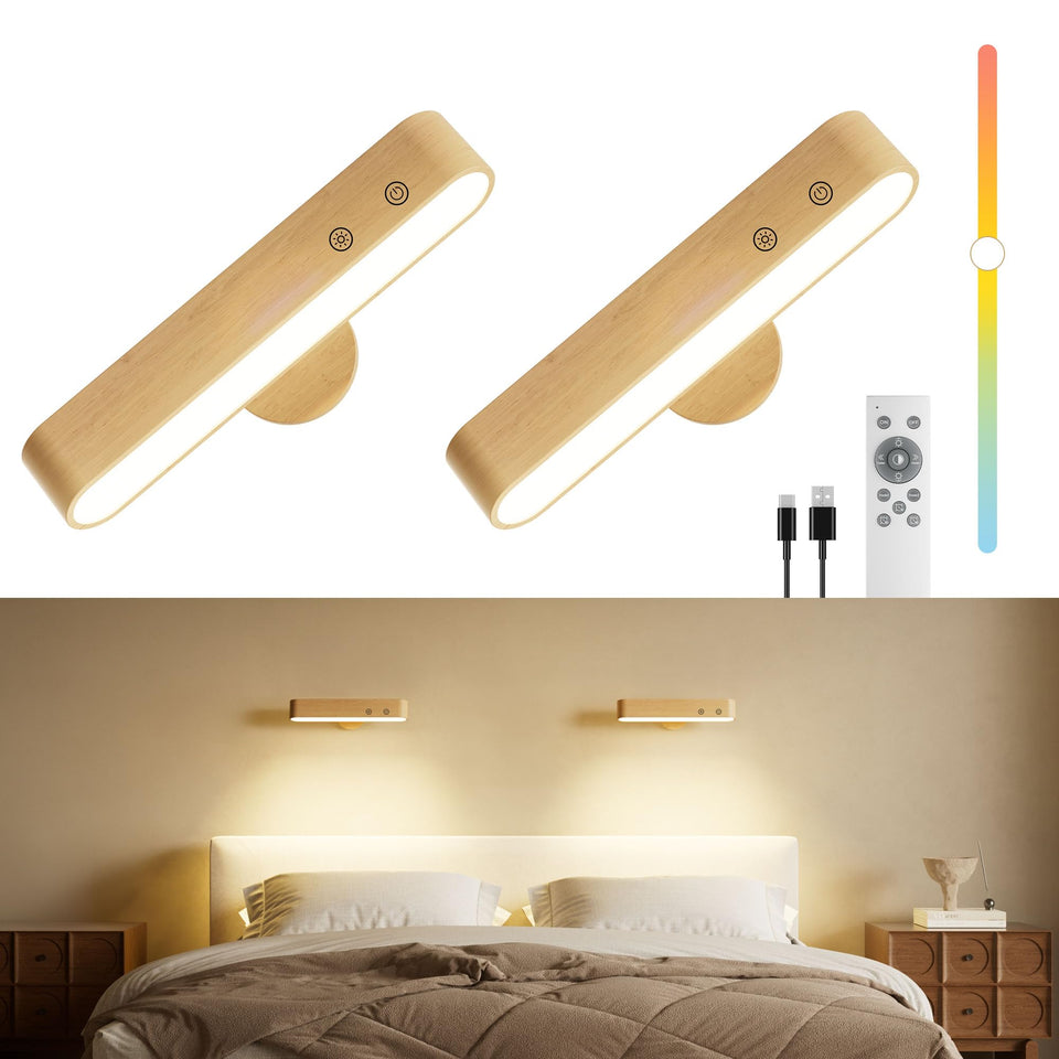 PopoIron rechargeable LED wall sconce with wood panel for warm bedroom ambiance.