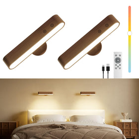 PopoIron rechargeable walnut wall sconce shows natural wood grain for warm bedroom ambiance.