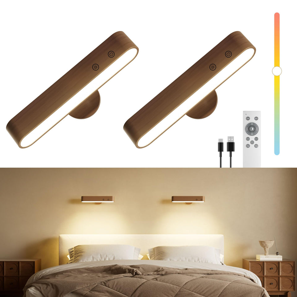 PopoIron rechargeable walnut wall sconce shows natural wood grain for warm bedroom ambiance.