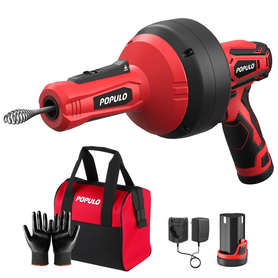 Populo 12V cordless drain auger in use with auto-feed for quick unclogging