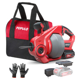 POPULO 20V cordless drain auger with 25 ft cable for fast clog clearance in kitchens and baths.