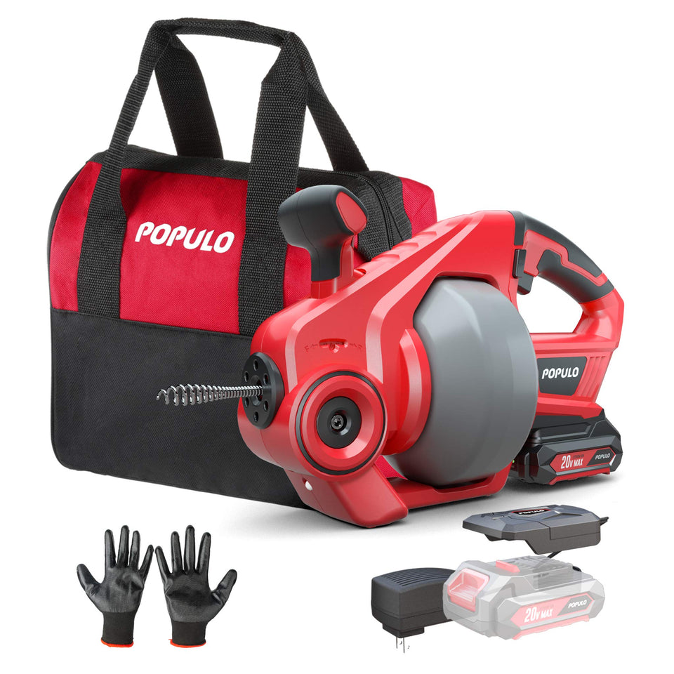 POPULO 20V cordless drain auger with 25 ft cable for fast clog clearance in kitchens and baths.