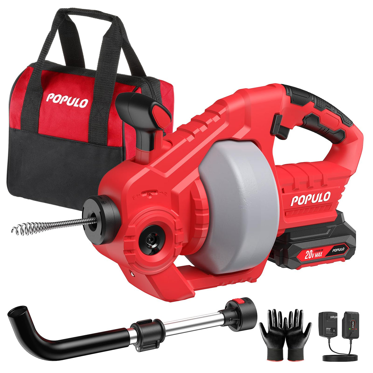 Populo 20V cordless drain snake clears bathroom clogs with a 25ft cable.