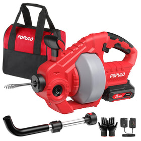 Populo 20V cordless drain snake clears bathroom clogs with a 25ft cable.