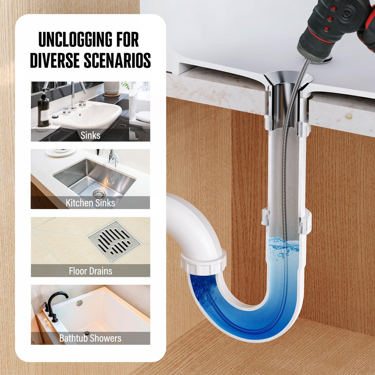 Populo 23 ft drain snake reaches deep shower clogs.