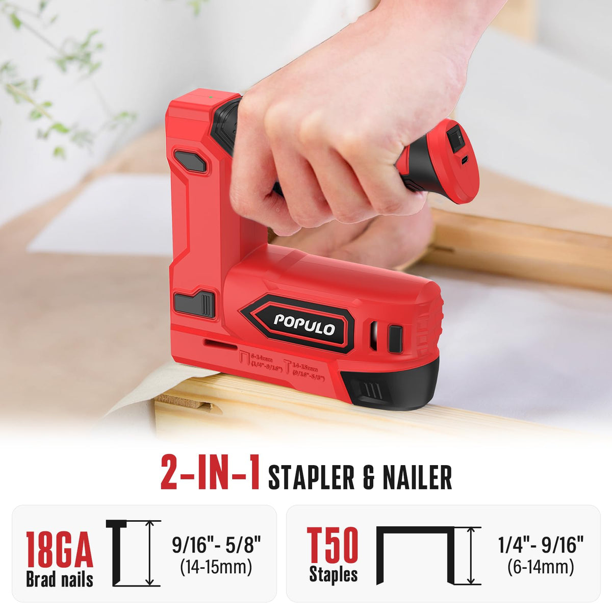 POPULO 2-in-1 stapler-nailer bottom-loading magazine in use