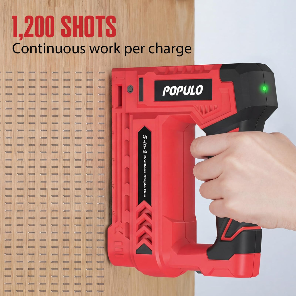 Populo 5-in-1 staple gun demonstrates versatility for nails, staples, and DIY projects.