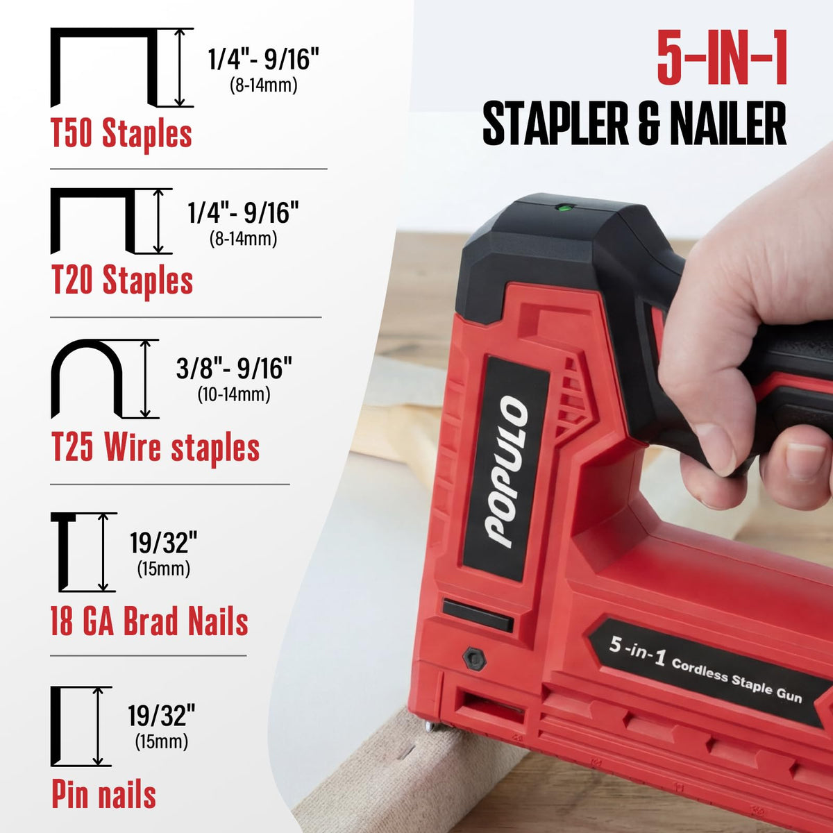 Populo cordless stapler with load window saves time during fabric and upholstery tasks.