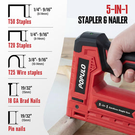 Populo cordless stapler with load window saves time during fabric and upholstery tasks.