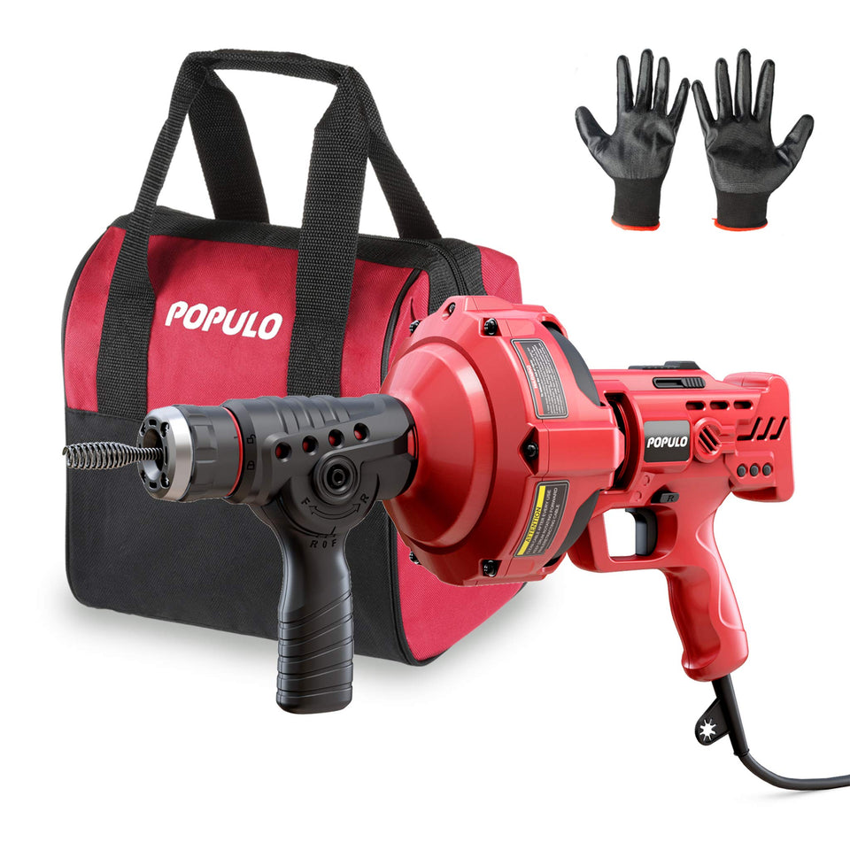 Populo drain auger 120V auto feed clears kitchen sink clogs.