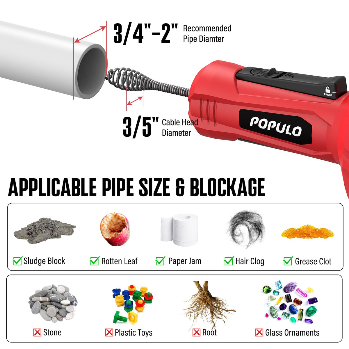 Populo auto-feed drain auger used in bathroom or shower drains