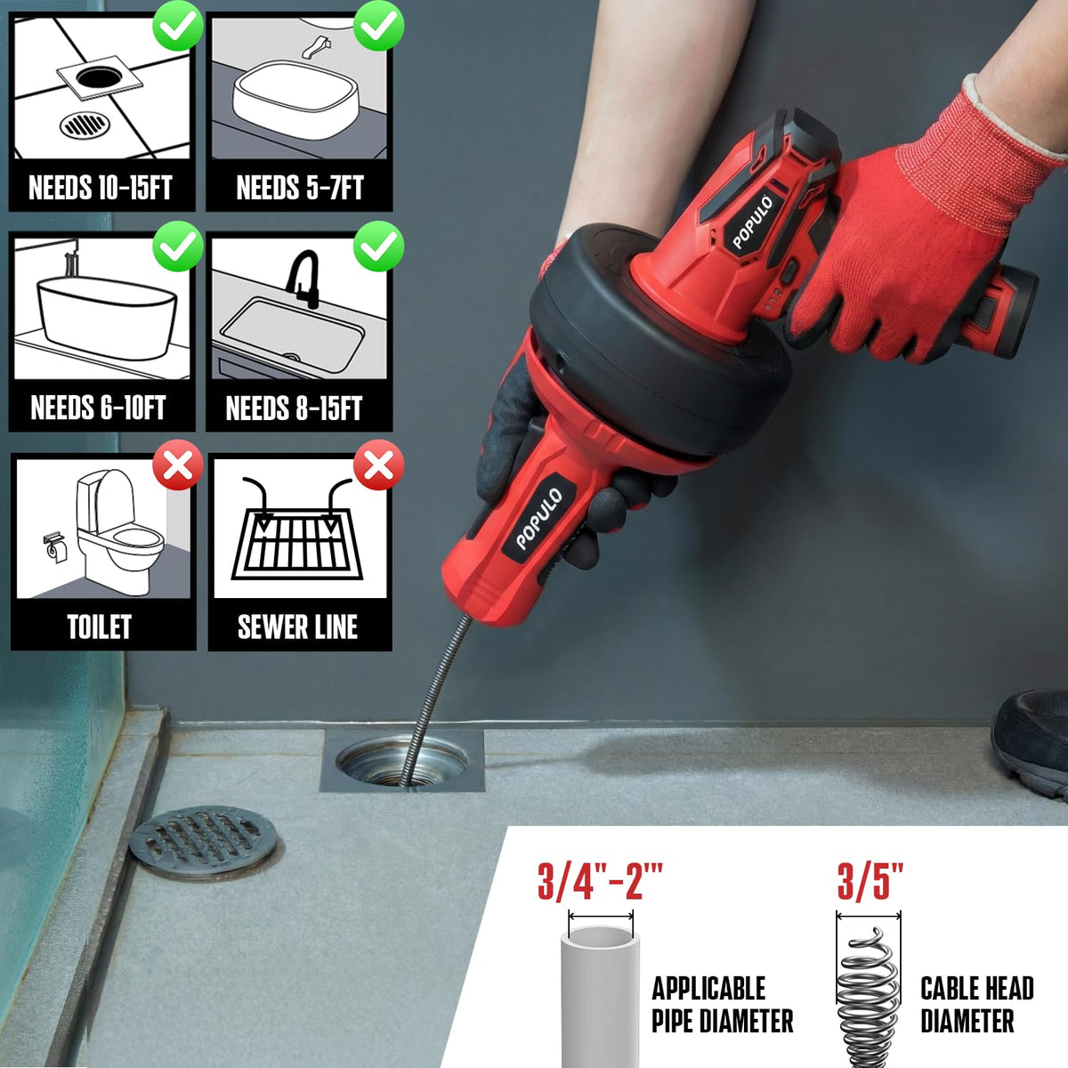 Populo electric drain snake clears kitchen sink hair clogs efficiently