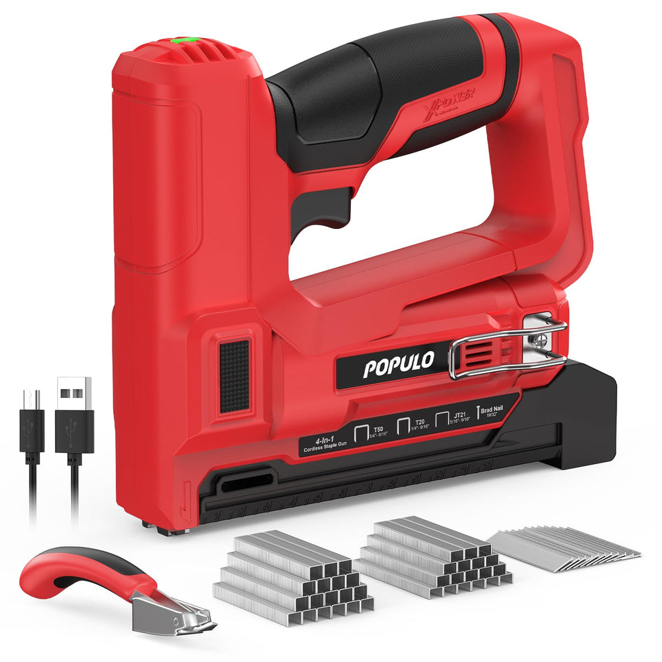 POPULO Electric Staple Gun 4-in-1 front view demonstrates cordless versatility for softwood projects.