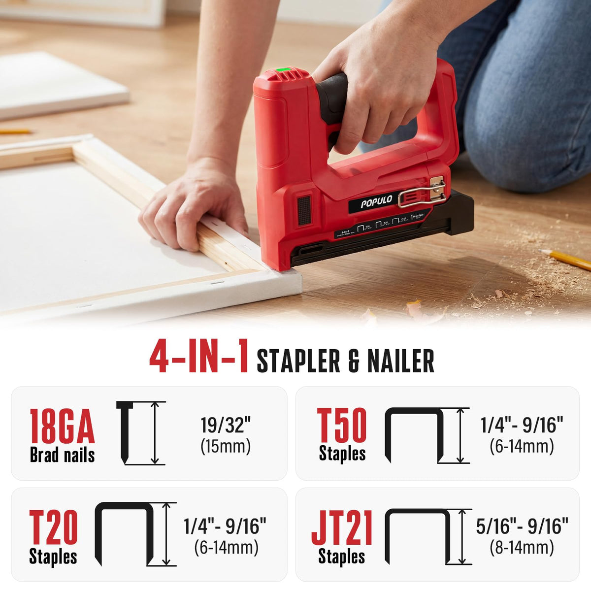 POPULO Electric Staple Gun 4-in-1 side view highlights compact design for upholstery work.