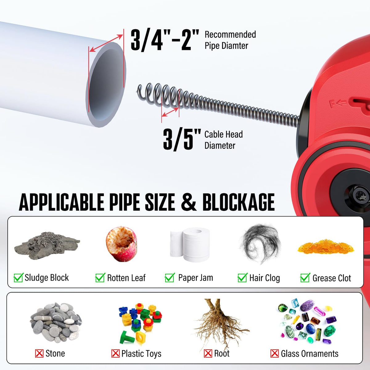 Populo flexible 25ft cable reaches deep into drains.