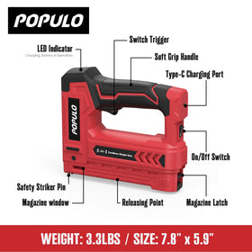 Populo cordless design enables work away from outlets on upholstery and light carpentry.