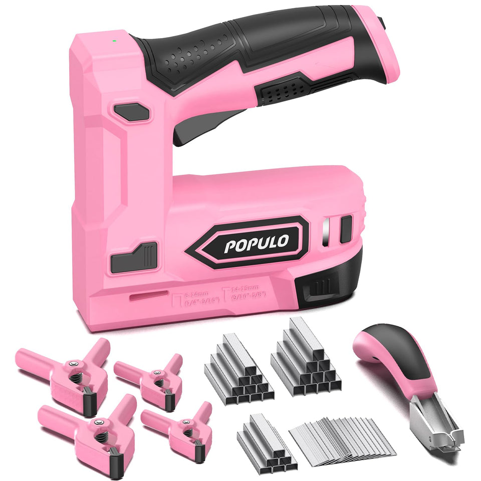POPULO pink cordless stapler front view for quick upholstery tasks and DIY projects