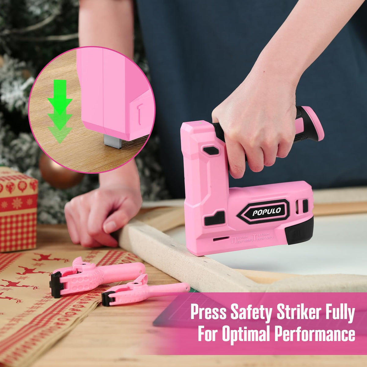 POPULO pink cordless stapler in-use on fabric upholstery for secure, neat tacking