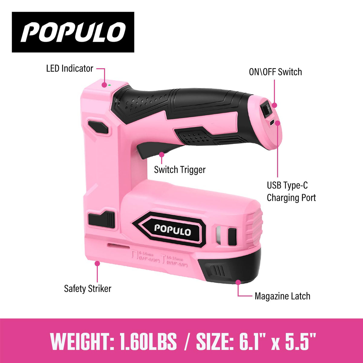 POPULO pink cordless stapler packaging contents include staples and nails for immediate use