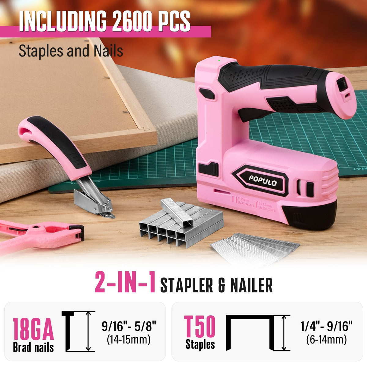 POPULO pink cordless stapler side view highlighting compact, lightweight form