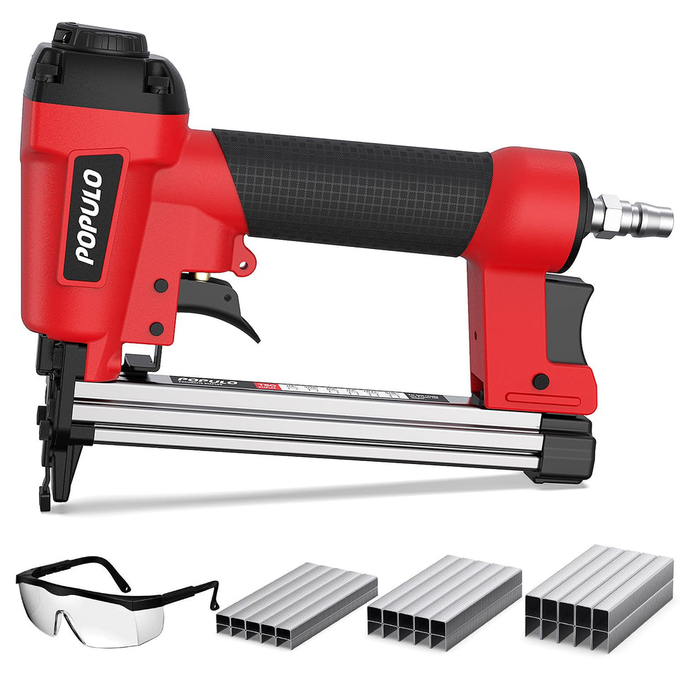POPULO Pneumatic Staple Gun in action with a box view for upholstery projects